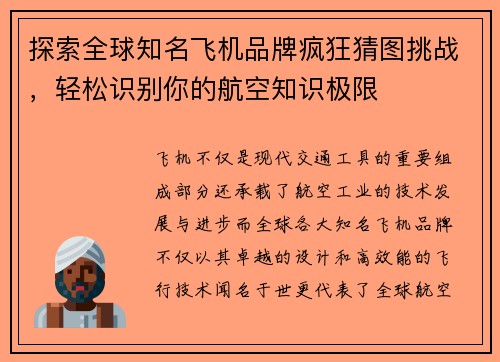 探索全球知名飞机品牌疯狂猜图挑战，轻松识别你的航空知识极限